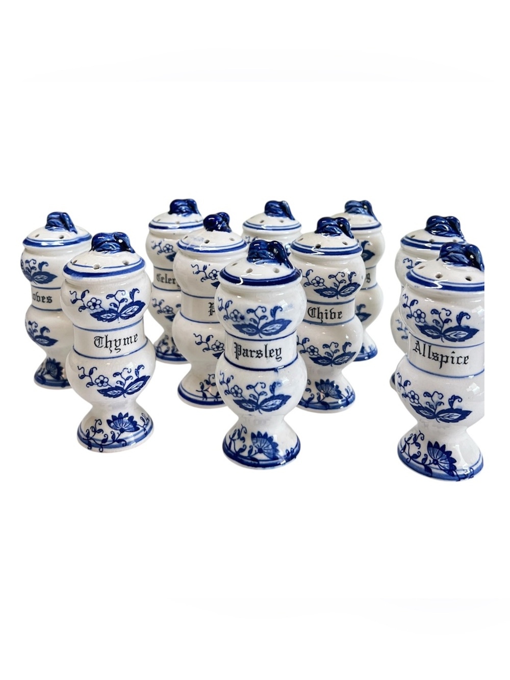 VTG Set 10 Blue Onion Ceramic Floral 4" Spice Jars Japan Arnart no stoppers